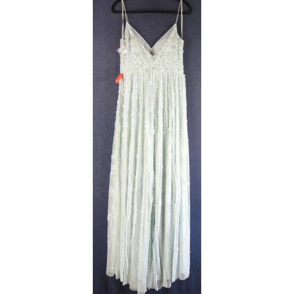 NEW, Mac Duggal Embellished Ruffled Spaghetti Strap Gown Seamist Size 6 #MD681 - Picture 6 of 9